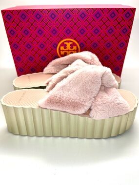 Tory Burch Pink & Gold Faux Fur Scallop Platform Slides Sz8